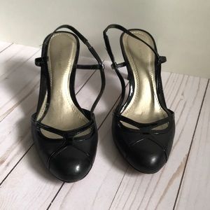 Ann Taylor Black Patent T-Strap Heels with Cutout Detail